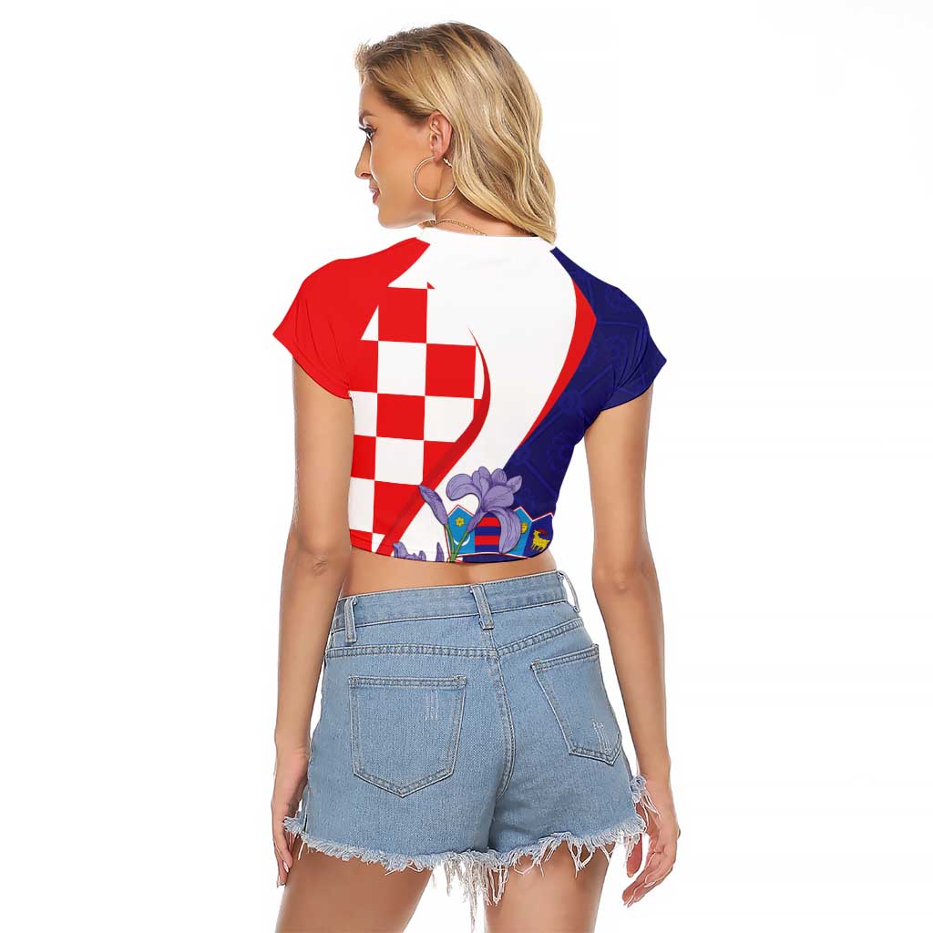 Croatia Hrvatska Checkerboard Raglan Cropped T Shirt Coat Of Arms With Iris Croatica