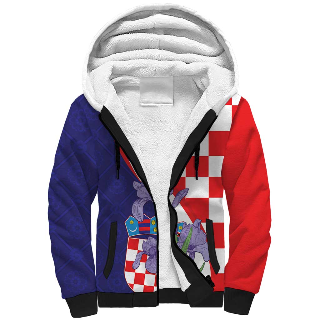 Croatia Hrvatska Checkerboard Sherpa Hoodie Coat Of Arms With Iris Croatica