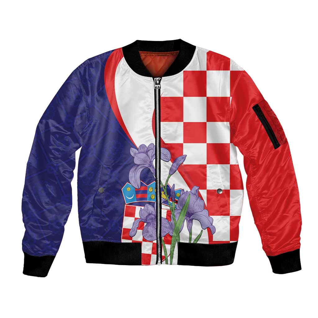 Croatia Hrvatska Checkerboard Sleeve Zip Bomber Jacket Coat Of Arms With Iris Croatica
