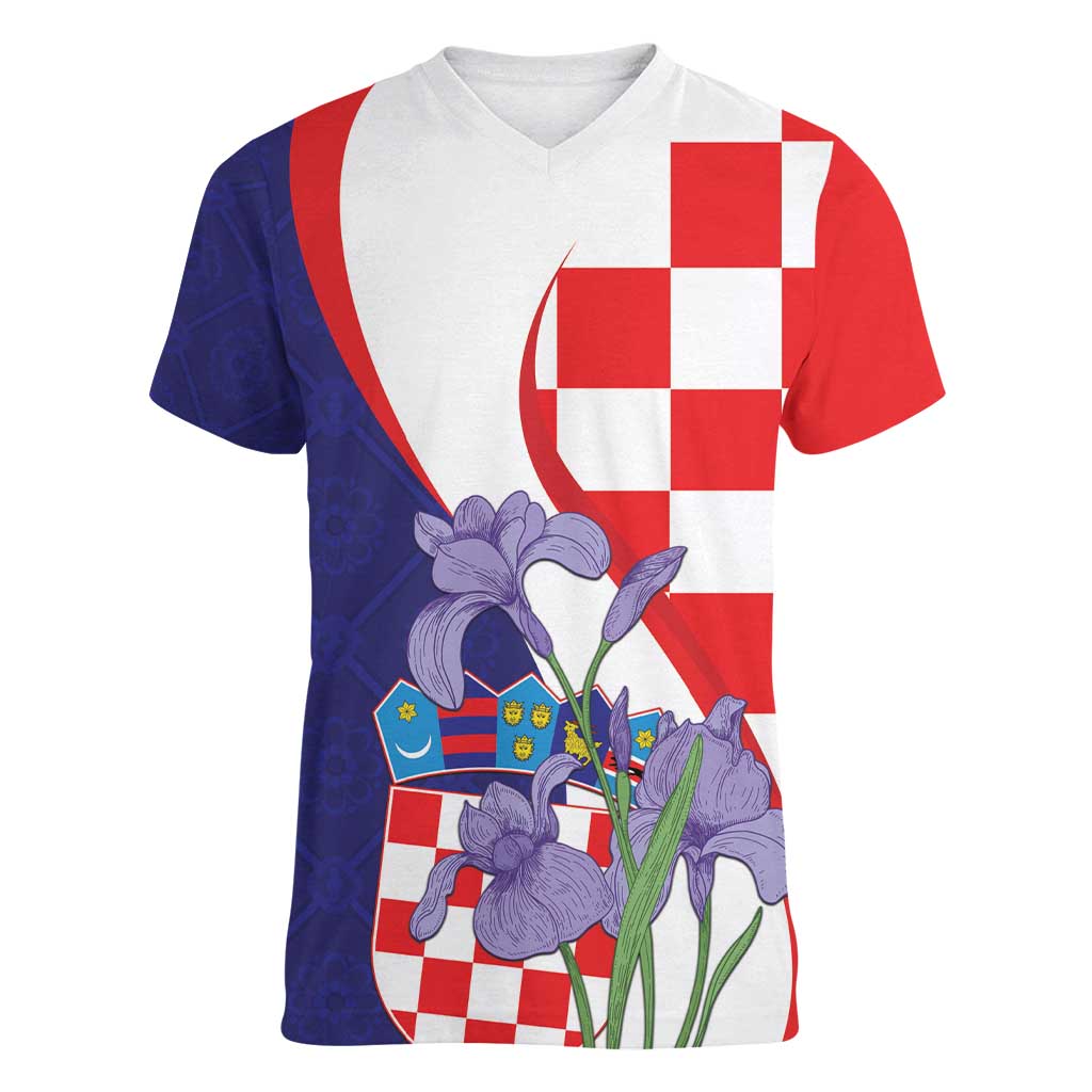 Croatia Hrvatska Checkerboard Women V-Neck T-Shirt Coat Of Arms With Iris Croatica