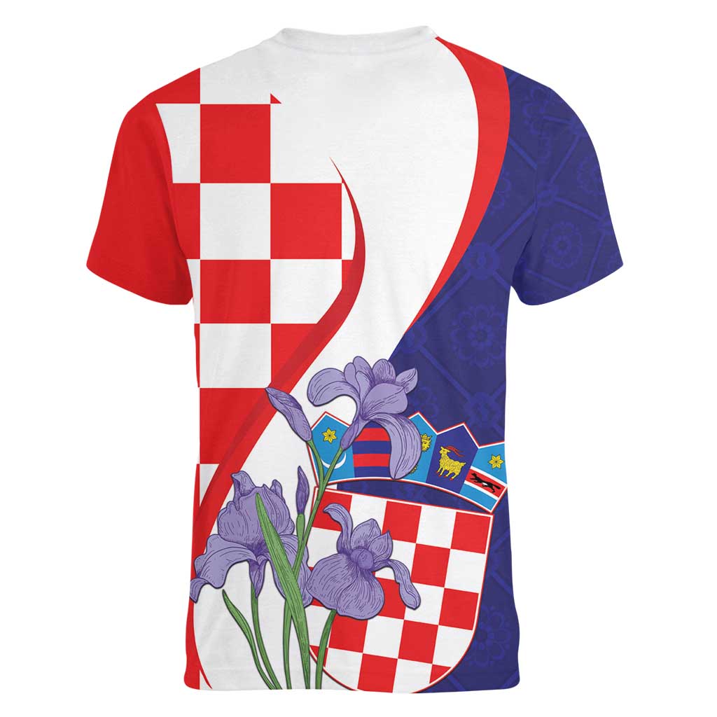 Croatia Hrvatska Checkerboard Women V-Neck T-Shirt Coat Of Arms With Iris Croatica