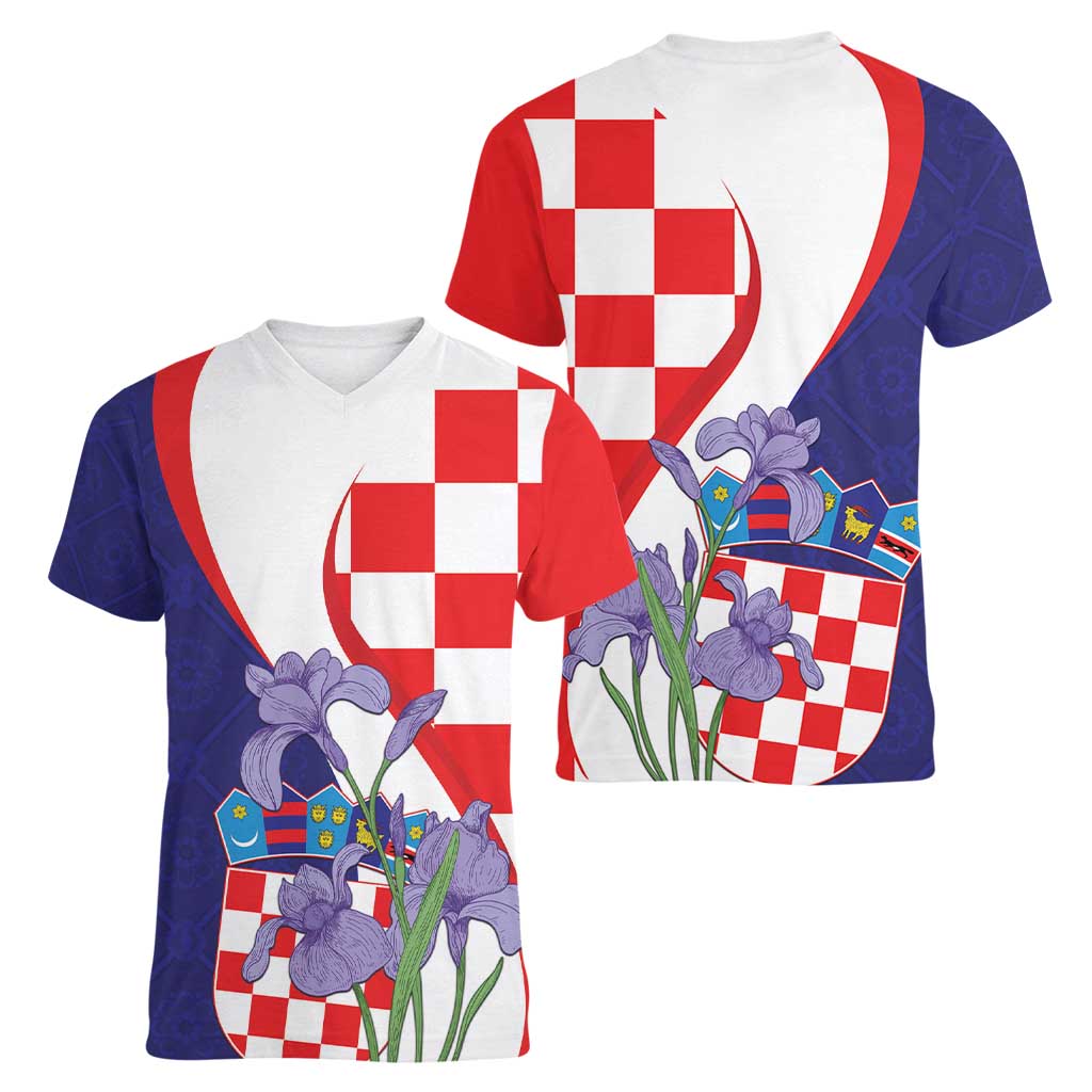 Croatia Hrvatska Checkerboard Women V-Neck T-Shirt Coat Of Arms With Iris Croatica