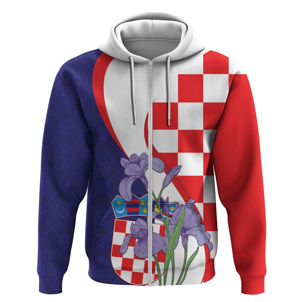 Croatia Hrvatska Checkerboard Zip Hoodie Coat Of Arms With Iris Croatica