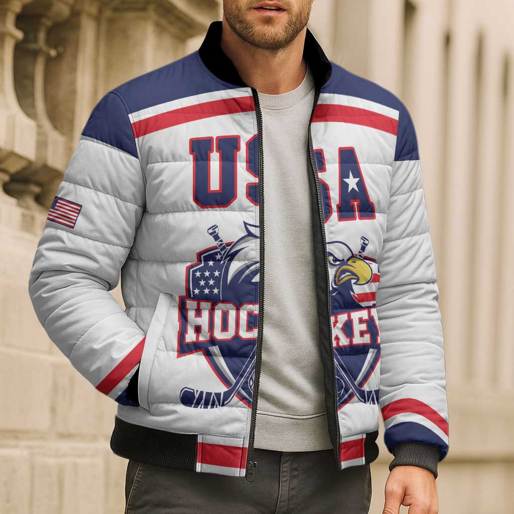 USA Ice Hockey Custom Bomber Puffer Jacket American Eagle Spirit White Version