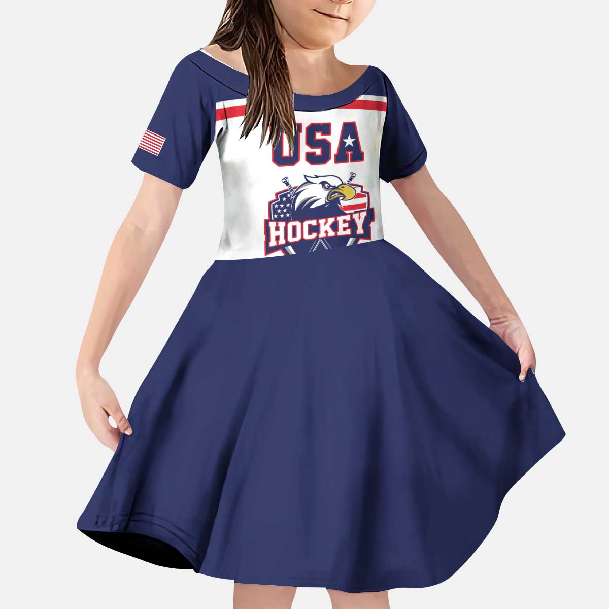 USA Ice Hockey Custom Kid Short Sleeve Dress American Eagle Spirit White Version