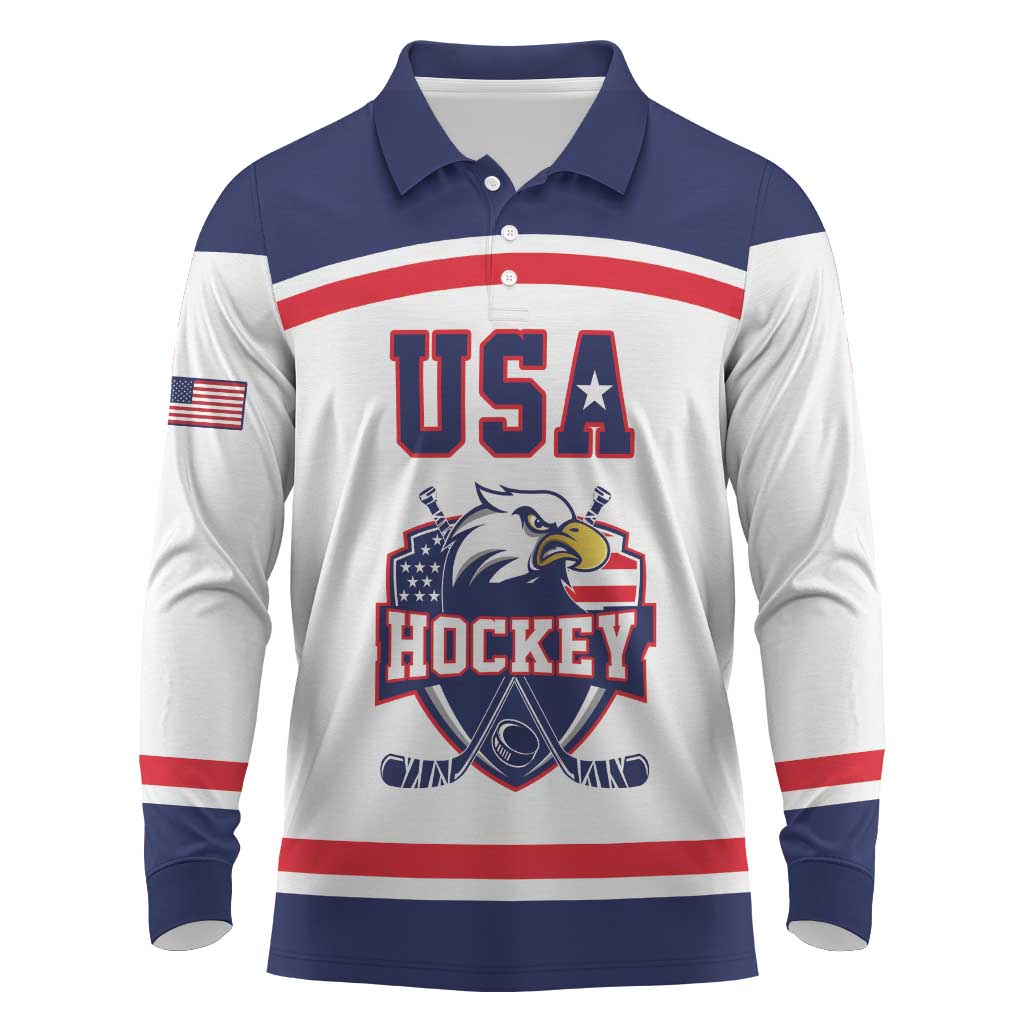 USA Ice Hockey Custom Long Sleeve Polo Shirt American Eagle Spirit White Version