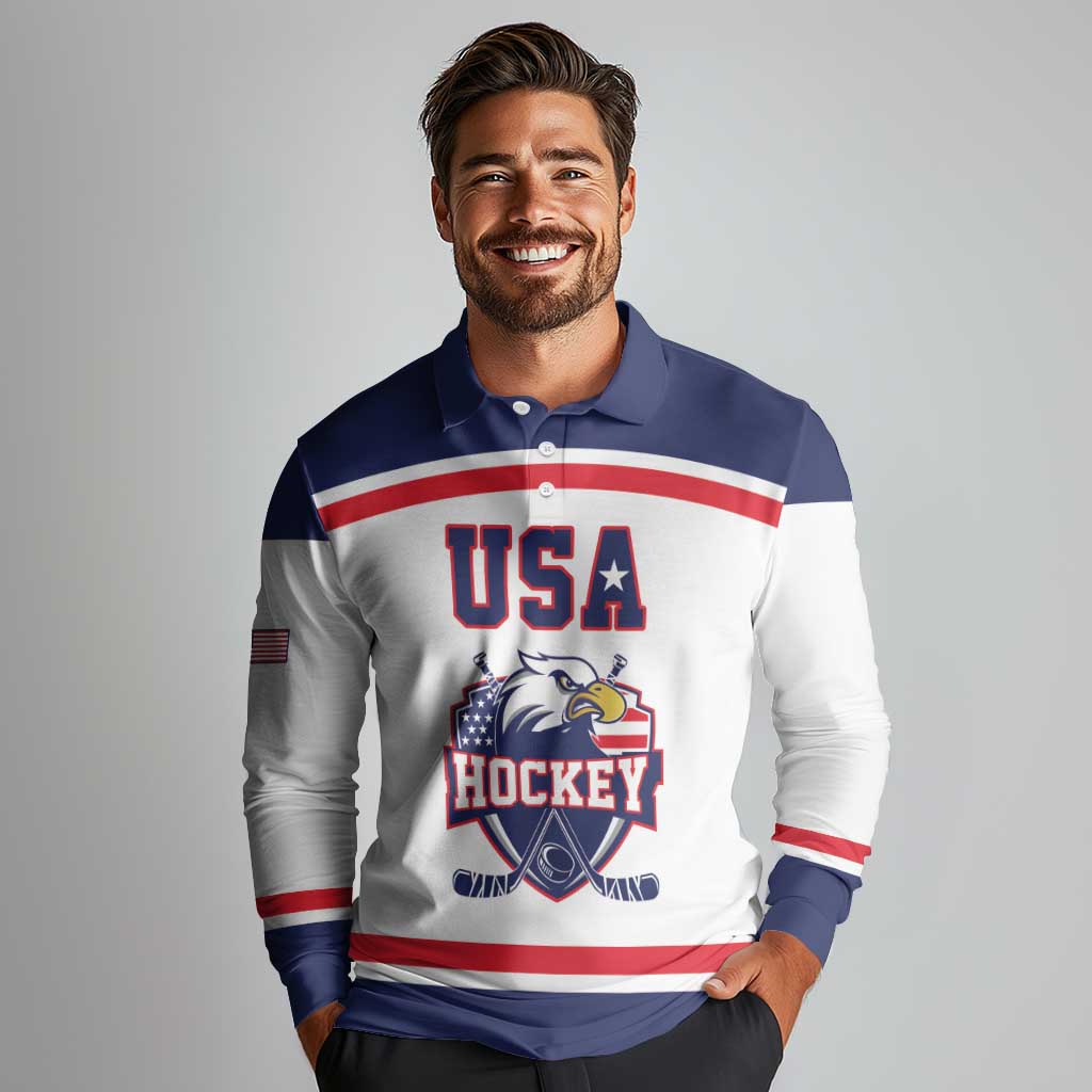 USA Ice Hockey Custom Long Sleeve Polo Shirt American Eagle Spirit White Version