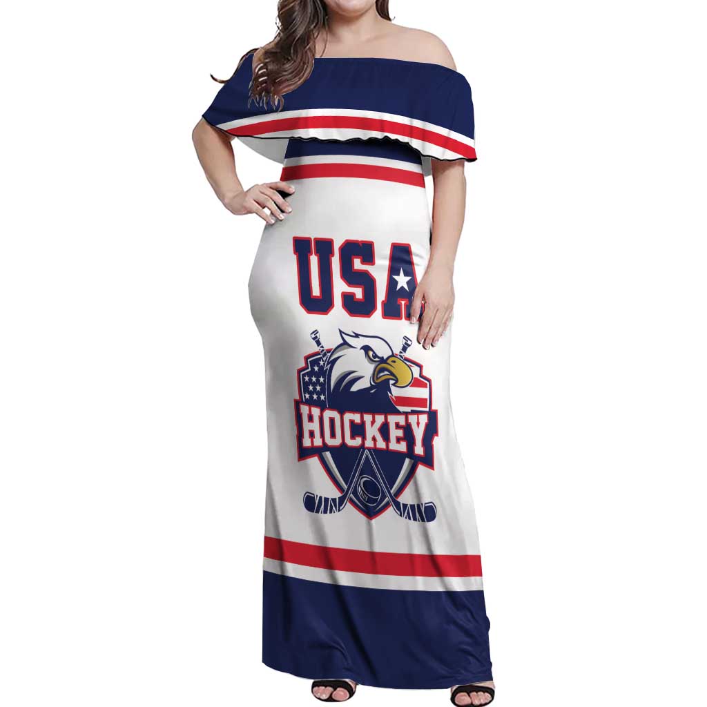 USA Ice Hockey Custom Off Shoulder Maxi Dress American Eagle Spirit White Version