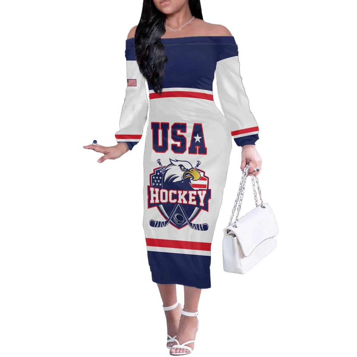 USA Ice Hockey Custom Off The Shoulder Long Sleeve Dress American Eagle Spirit White Version