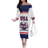 USA Ice Hockey Custom Off The Shoulder Long Sleeve Dress American Eagle Spirit White Version