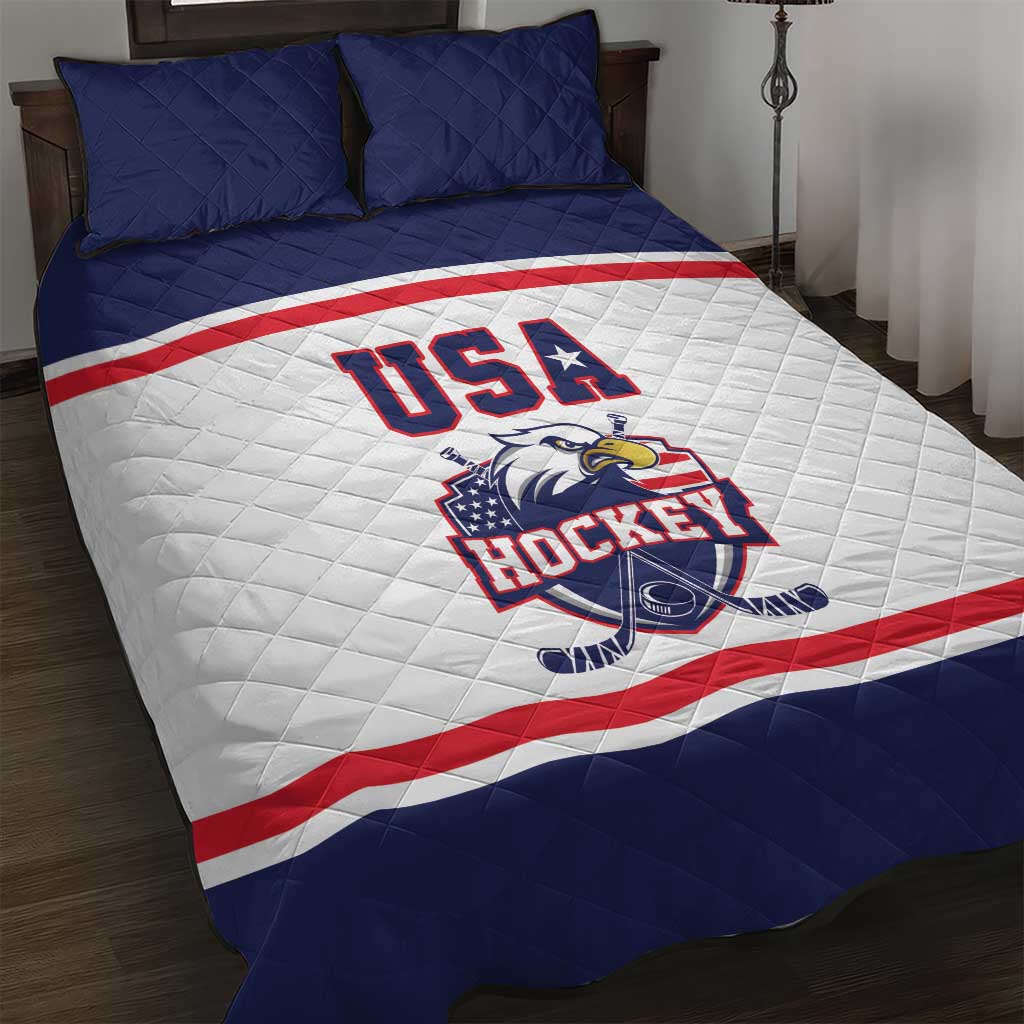 USA Ice Hockey Quilt Bed Set American Eagle Spirit White Version