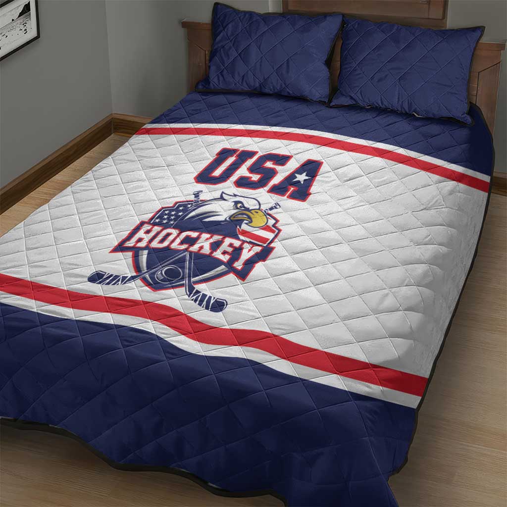 USA Ice Hockey Quilt Bed Set American Eagle Spirit White Version