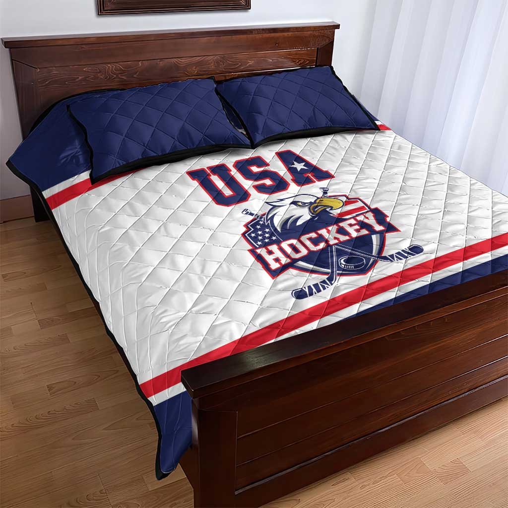USA Ice Hockey Quilt Bed Set American Eagle Spirit White Version
