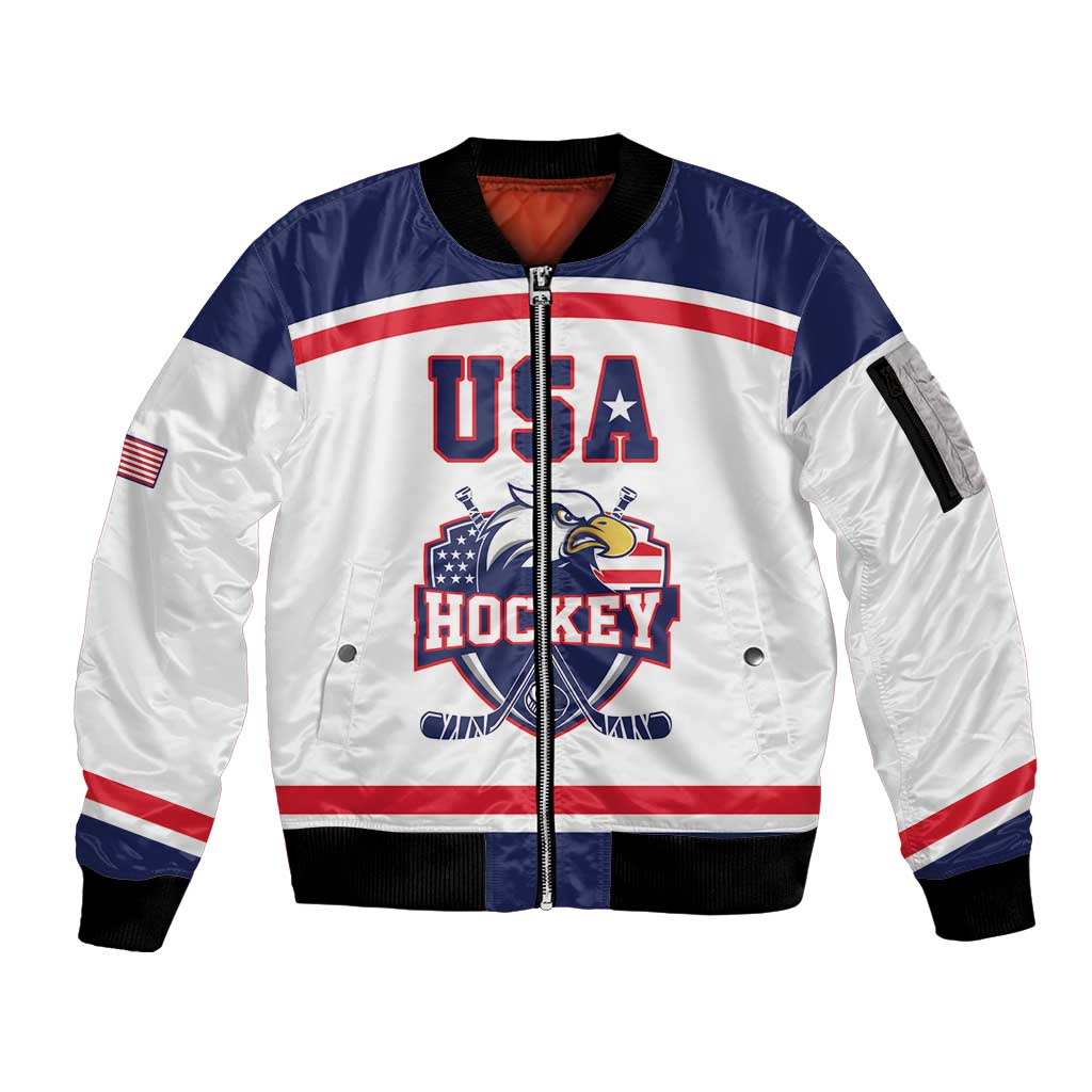 USA Ice Hockey Custom Sleeve Zip Bomber Jacket American Eagle Spirit White Version