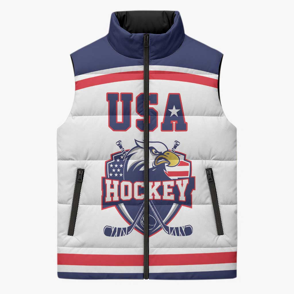 USA Ice Hockey Custom Sleeveless Puffer Jacket American Eagle Spirit White Version
