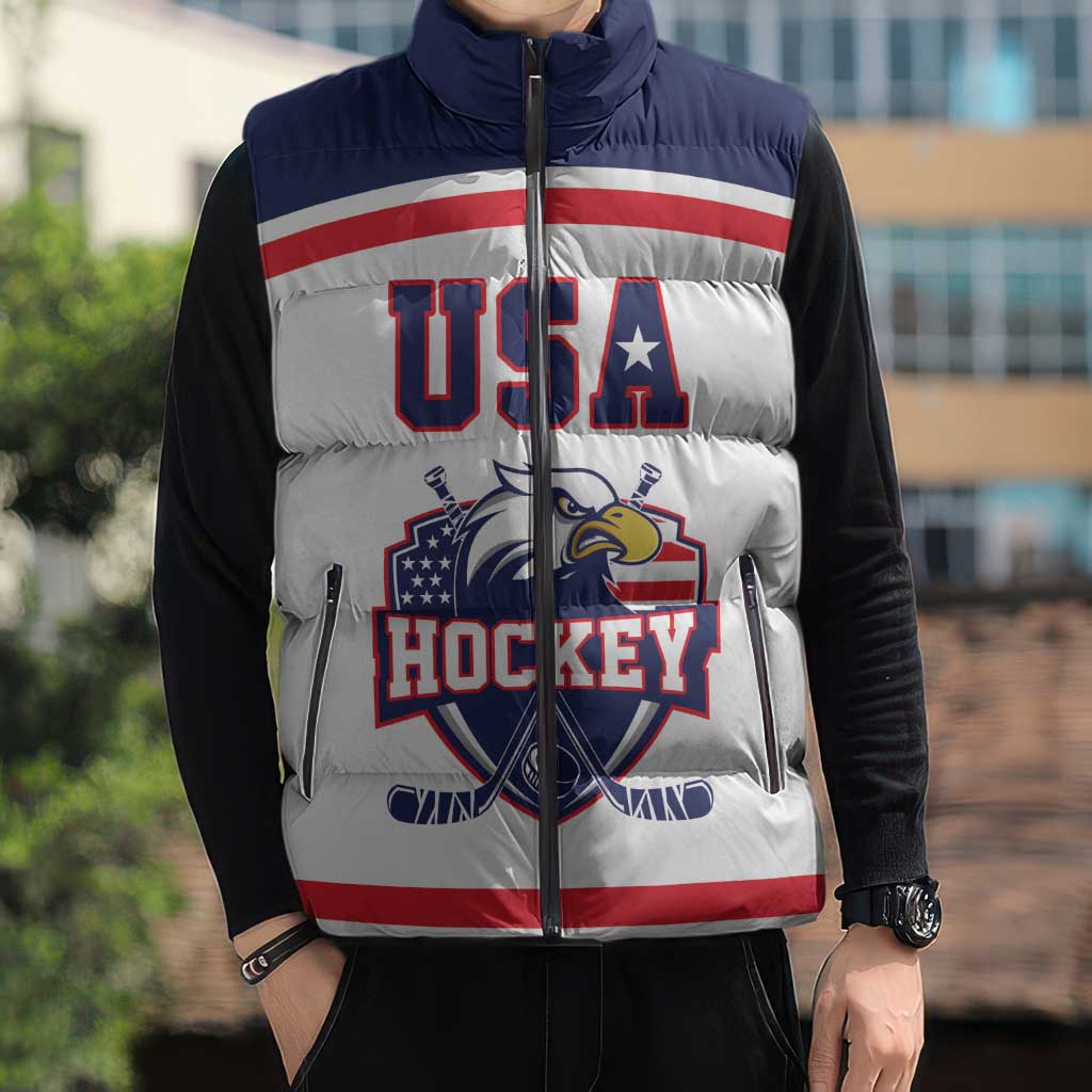 USA Ice Hockey Custom Sleeveless Puffer Jacket American Eagle Spirit White Version