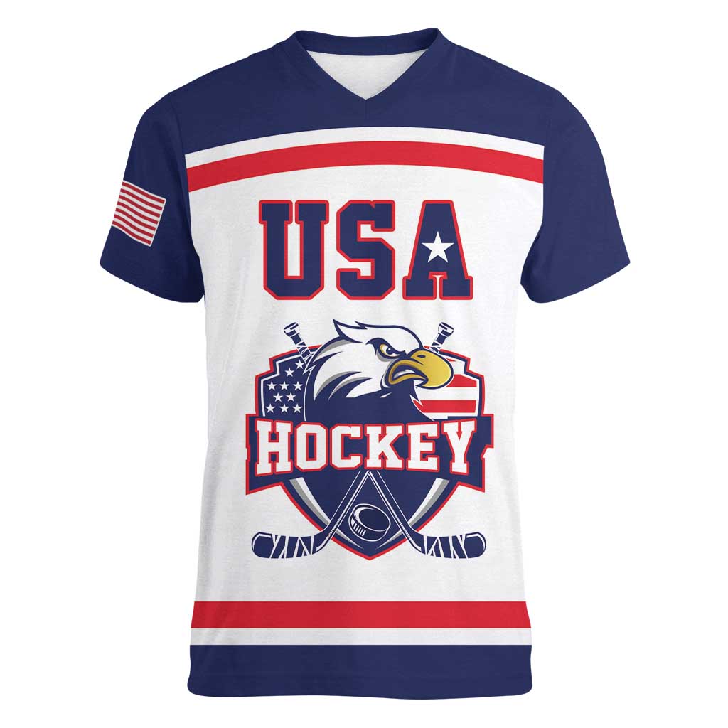 USA Ice Hockey Custom Women V-Neck T-Shirt American Eagle Spirit White Version