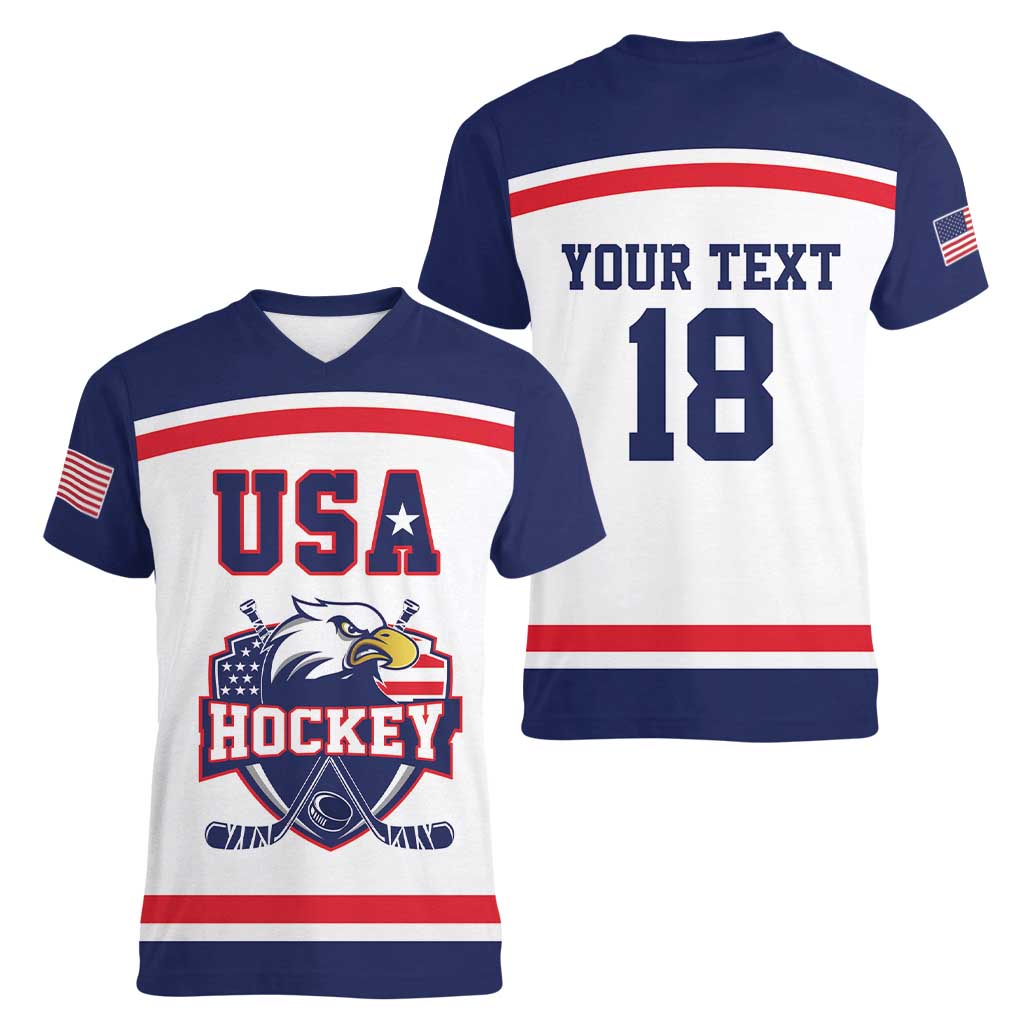 USA Ice Hockey Custom Women V-Neck T-Shirt American Eagle Spirit White Version