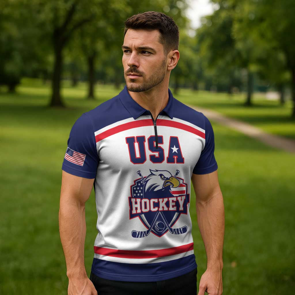 USA Ice Hockey Custom Zipper Polo Shirt American Eagle Spirit White Version