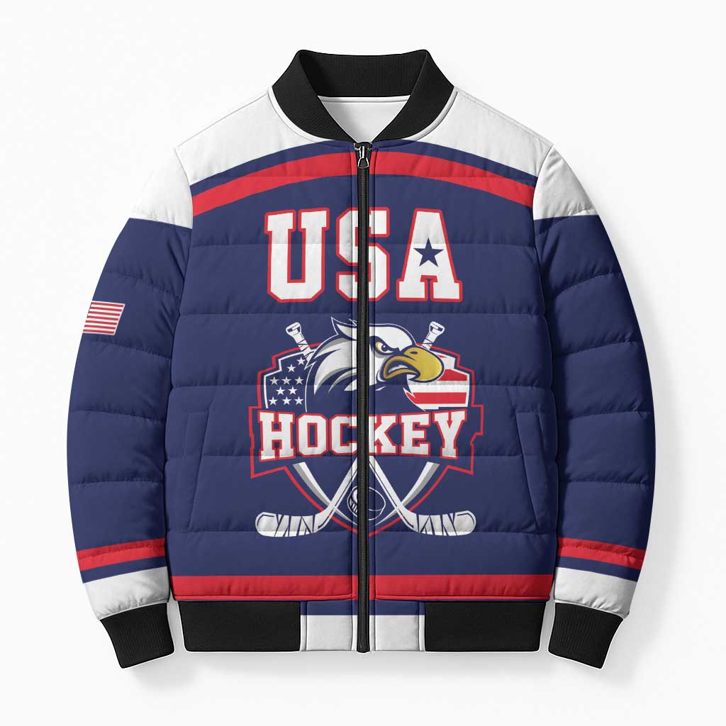 USA Ice Hockey Custom Bomber Puffer Jacket American Eagle Spirit Blue Version