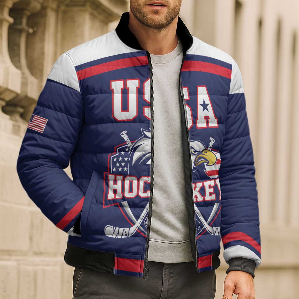 USA Ice Hockey Custom Bomber Puffer Jacket American Eagle Spirit Blue Version