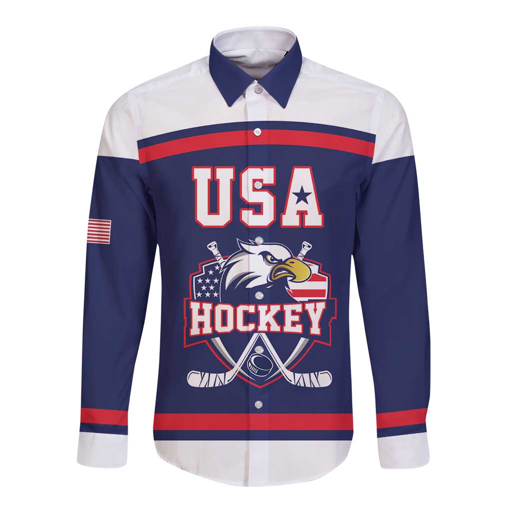 USA Ice Hockey Custom Long Sleeve Button Shirt American Eagle Spirit Blue Version