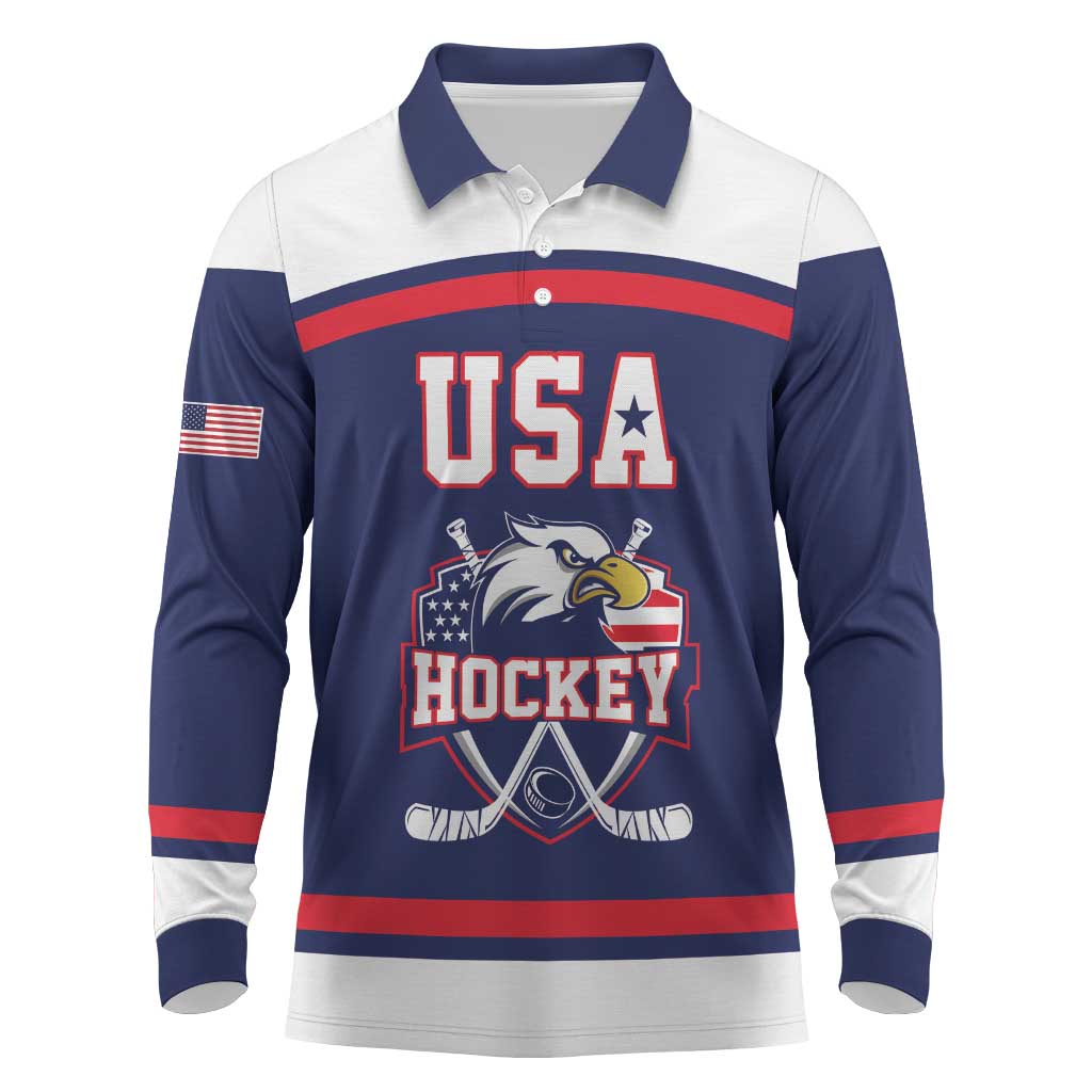 USA Ice Hockey Custom Long Sleeve Polo Shirt American Eagle Spirit Blue Version