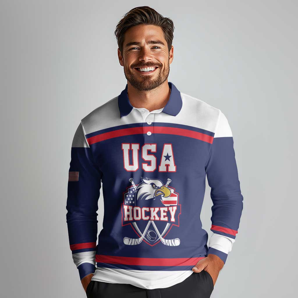 USA Ice Hockey Custom Long Sleeve Polo Shirt American Eagle Spirit Blue Version