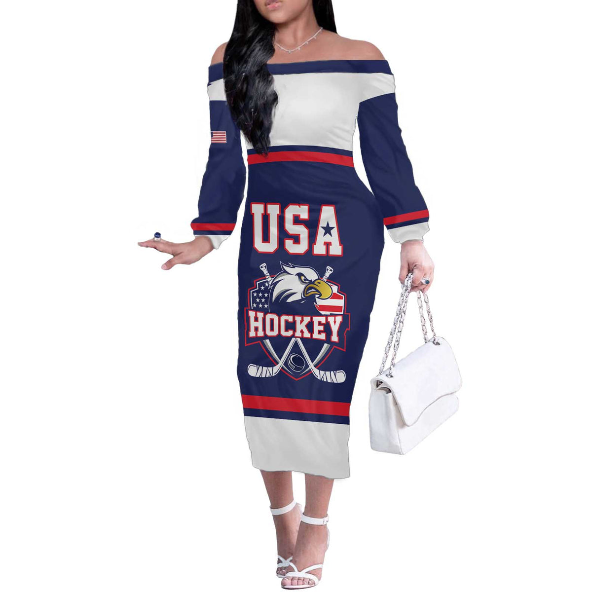 USA Ice Hockey Custom Off The Shoulder Long Sleeve Dress American Eagle Spirit Blue Version