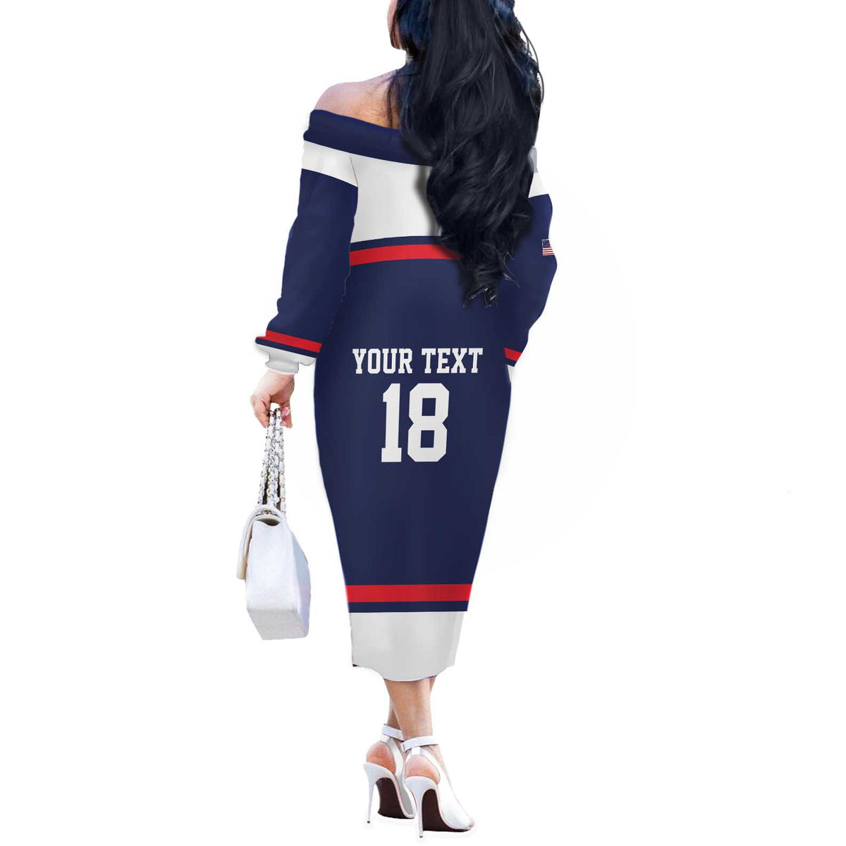 USA Ice Hockey Custom Off The Shoulder Long Sleeve Dress American Eagle Spirit Blue Version
