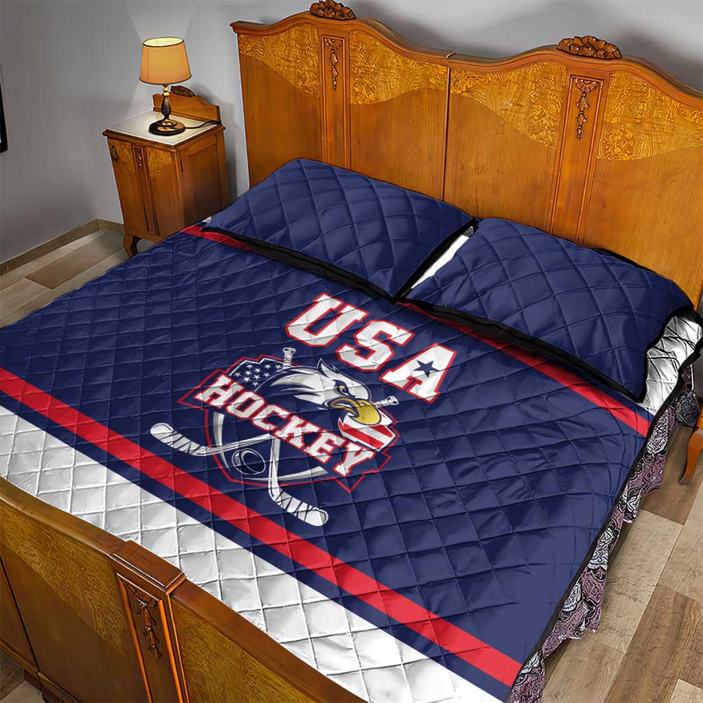 USA Ice Hockey Quilt Bed Set American Eagle Spirit Blue Version