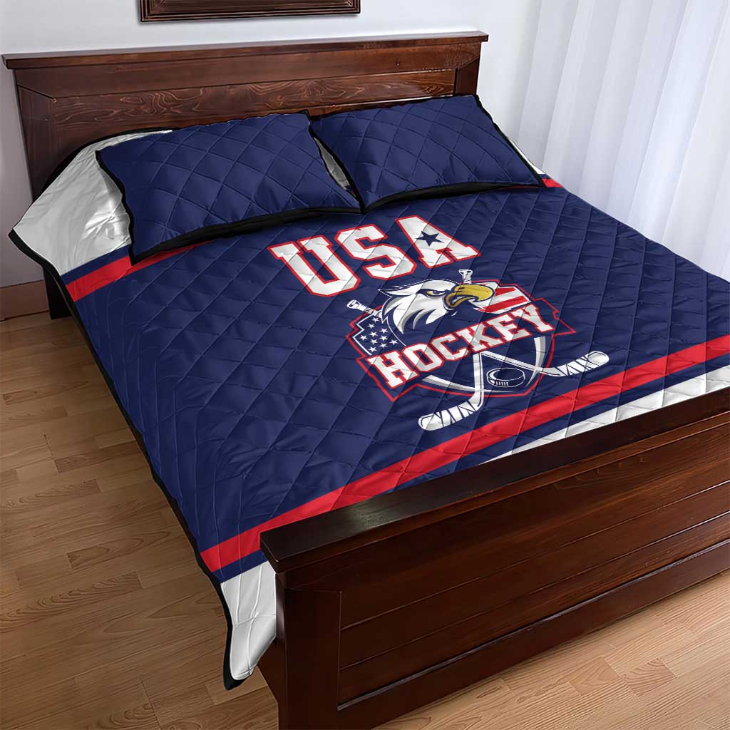 USA Ice Hockey Quilt Bed Set American Eagle Spirit Blue Version
