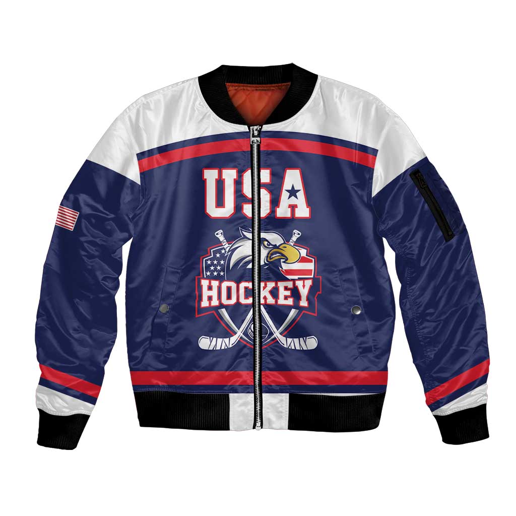 USA Ice Hockey Custom Sleeve Zip Bomber Jacket American Eagle Spirit Blue Version