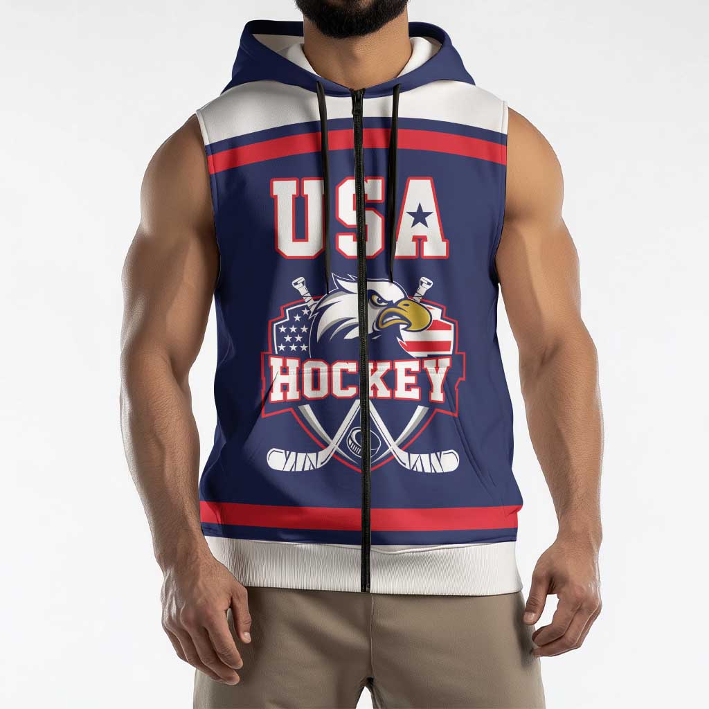 USA Ice Hockey Custom Sleeveless Zip Hoodie American Eagle Spirit Blue Version