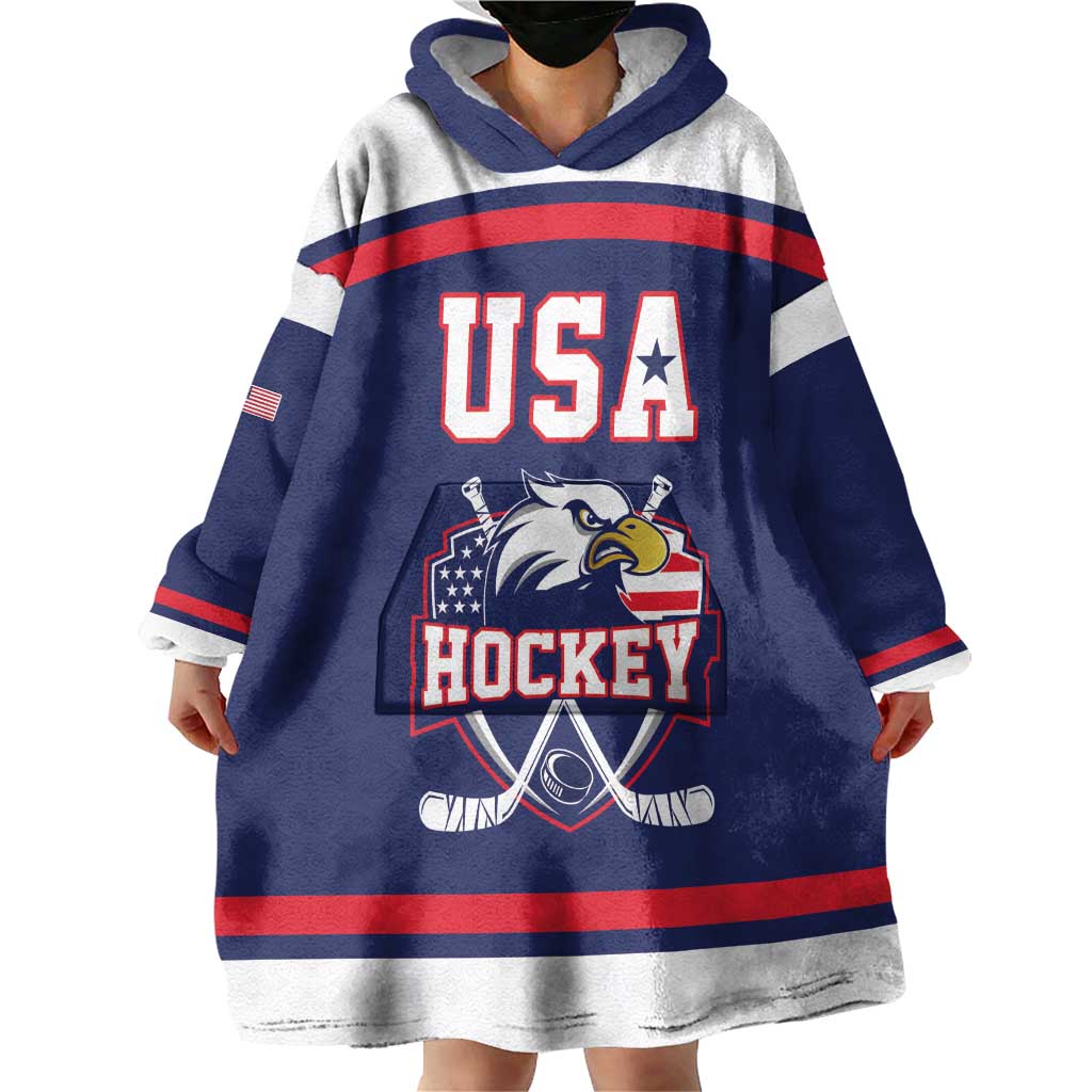 USA Ice Hockey Custom Wearable Blanket Hoodie American Eagle Spirit Blue Version