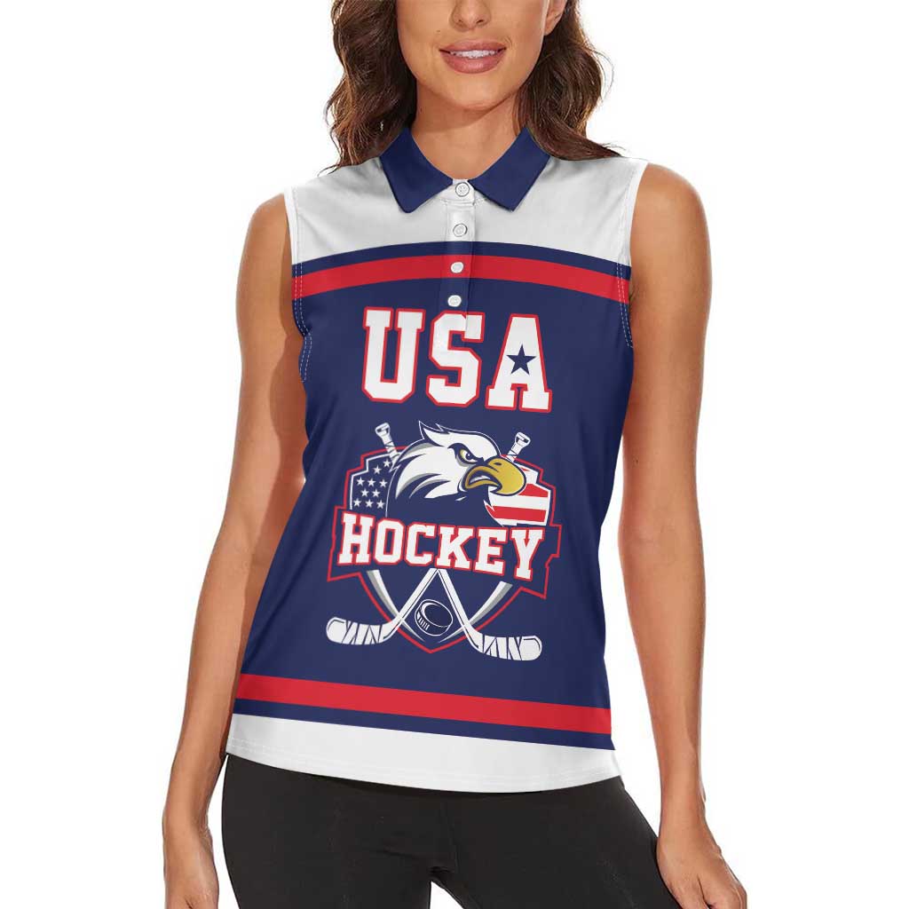 USA Ice Hockey Custom Women Sleeveless Polo Shirt American Eagle Spirit Blue Version