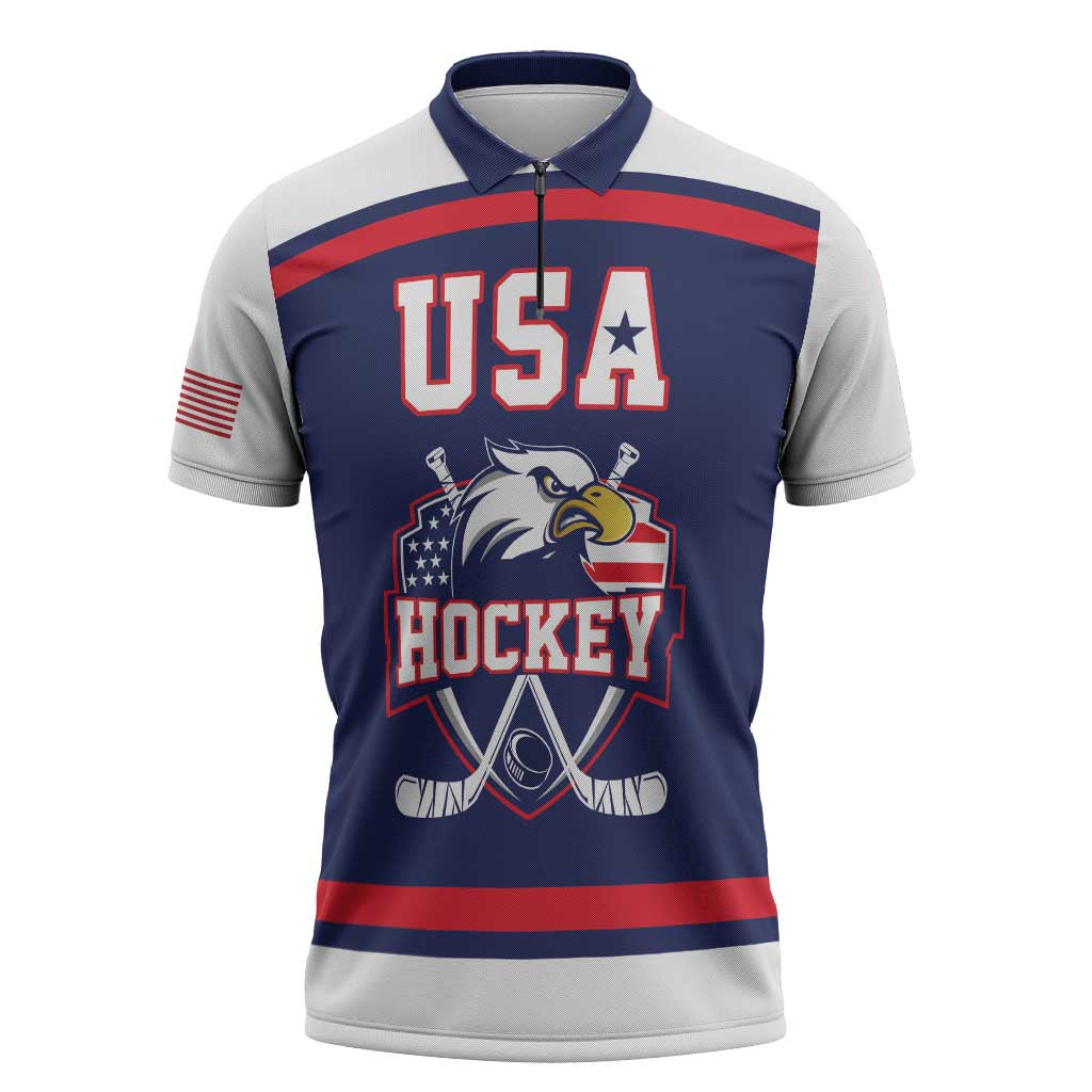 USA Ice Hockey Custom Zipper Polo Shirt American Eagle Spirit Blue Version