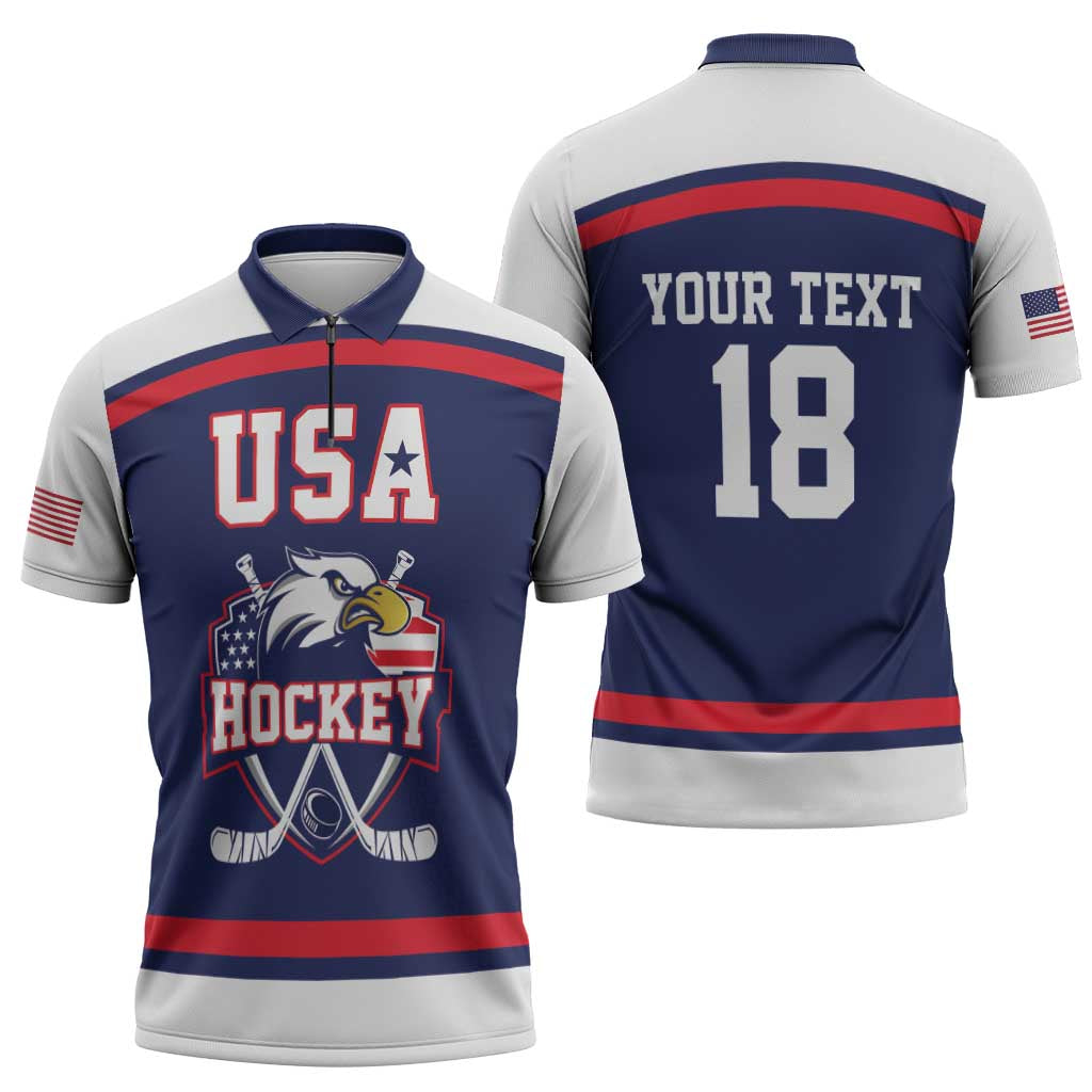 USA Ice Hockey Custom Zipper Polo Shirt American Eagle Spirit Blue Version