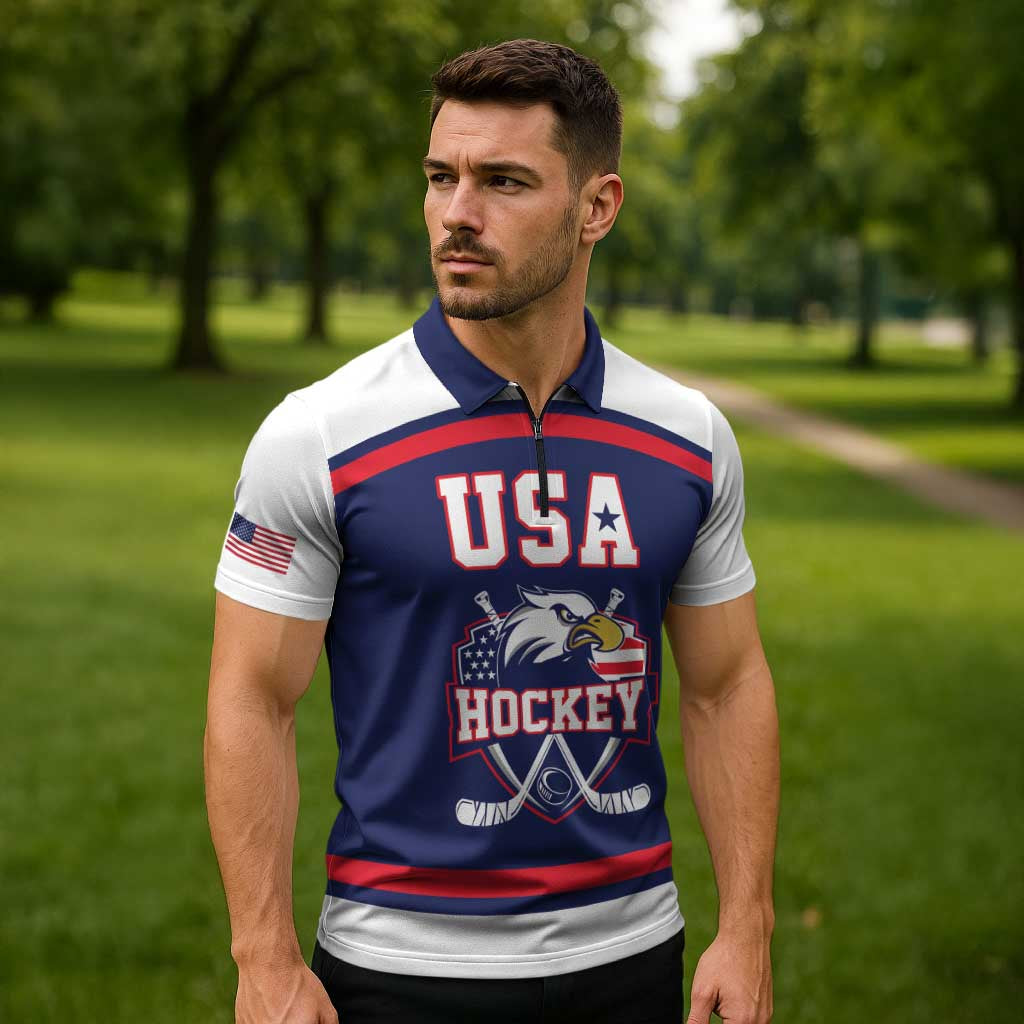 USA Ice Hockey Custom Zipper Polo Shirt American Eagle Spirit Blue Version