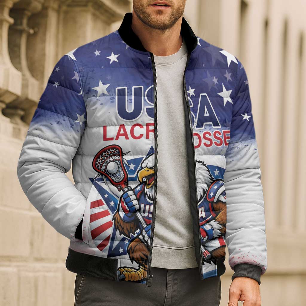 Custom USA Lacrosse Bomber Puffer Jacket American Eagle Mascot