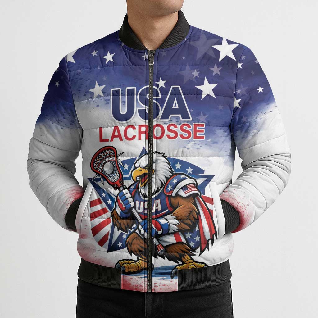 Custom USA Lacrosse Bomber Puffer Jacket American Eagle Mascot