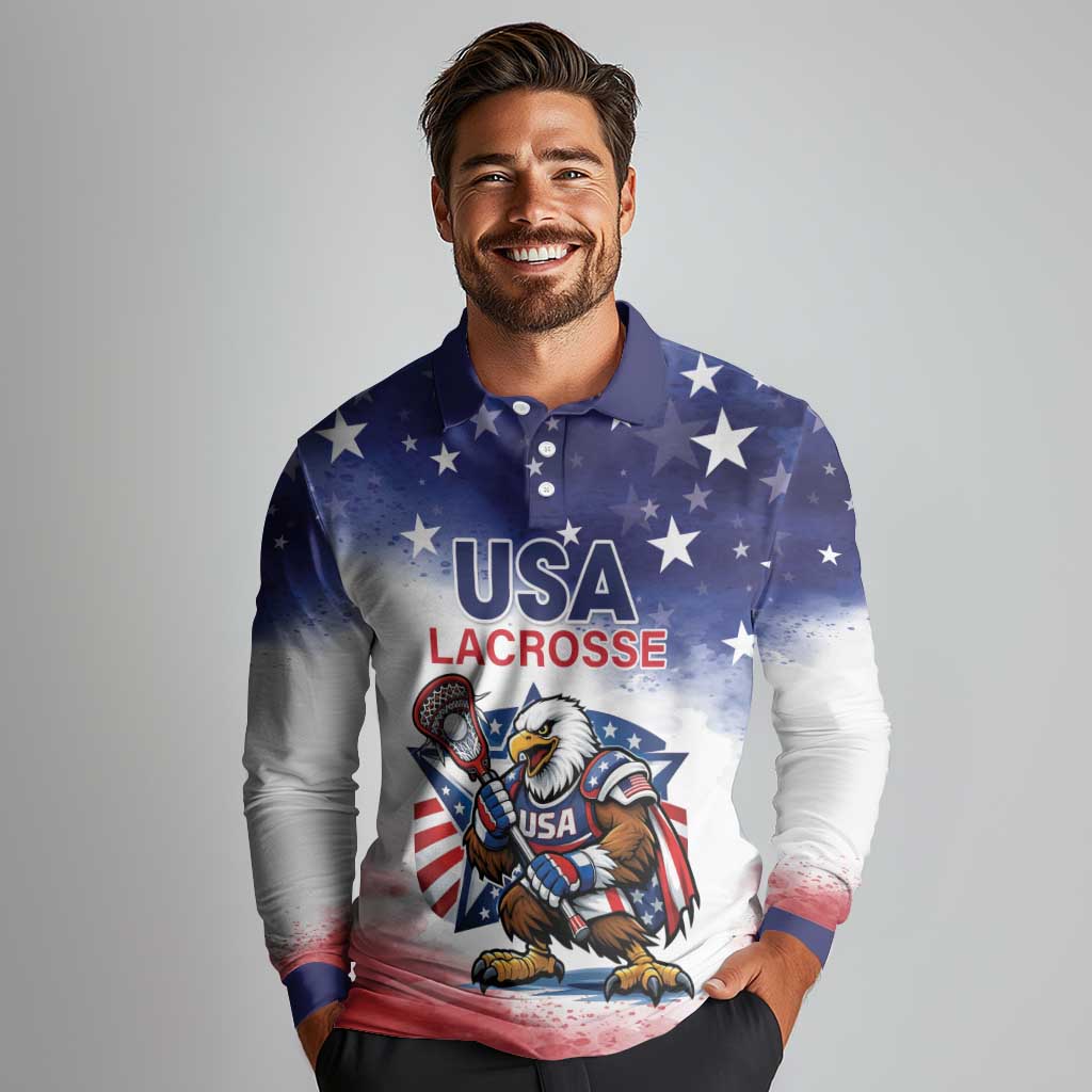 Custom USA Lacrosse Long Sleeve Polo Shirt American Eagle Mascot