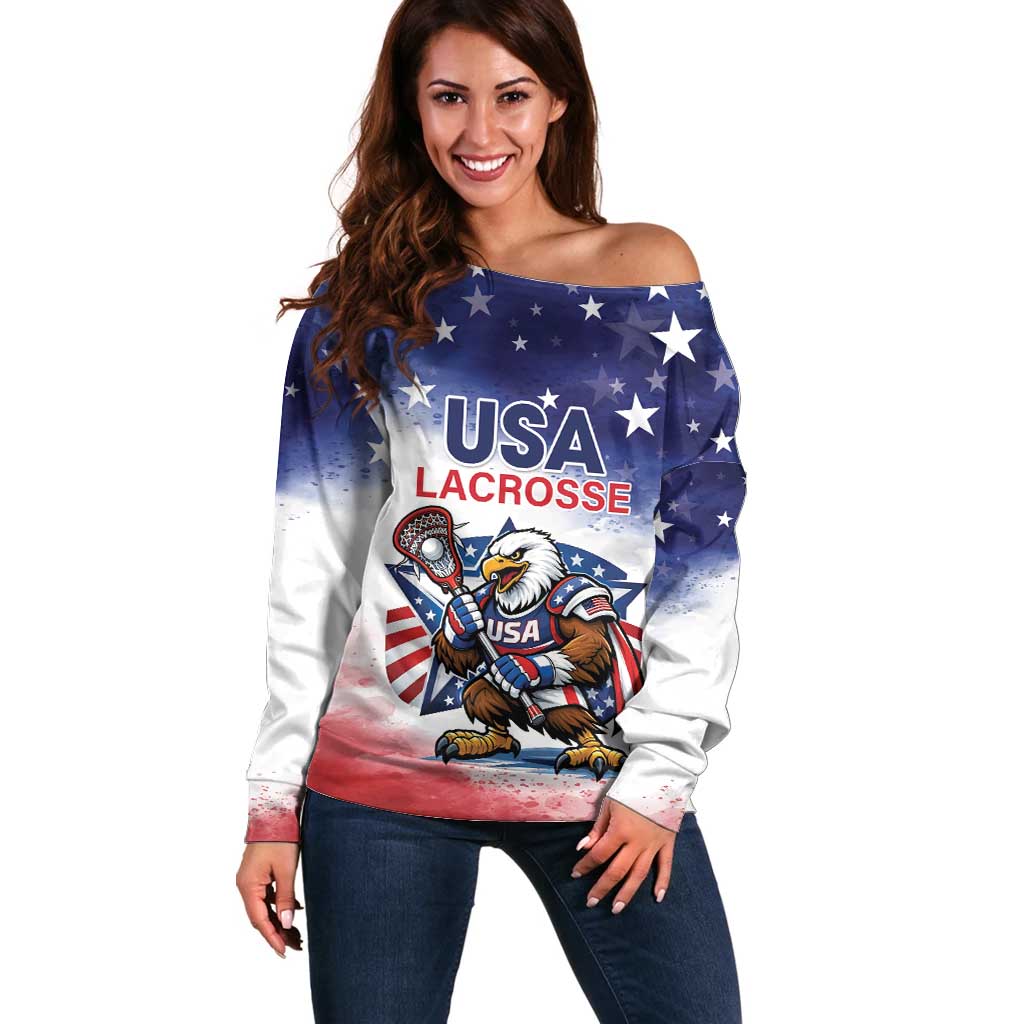 Custom USA Lacrosse Off Shoulder Sweater American Eagle Mascot