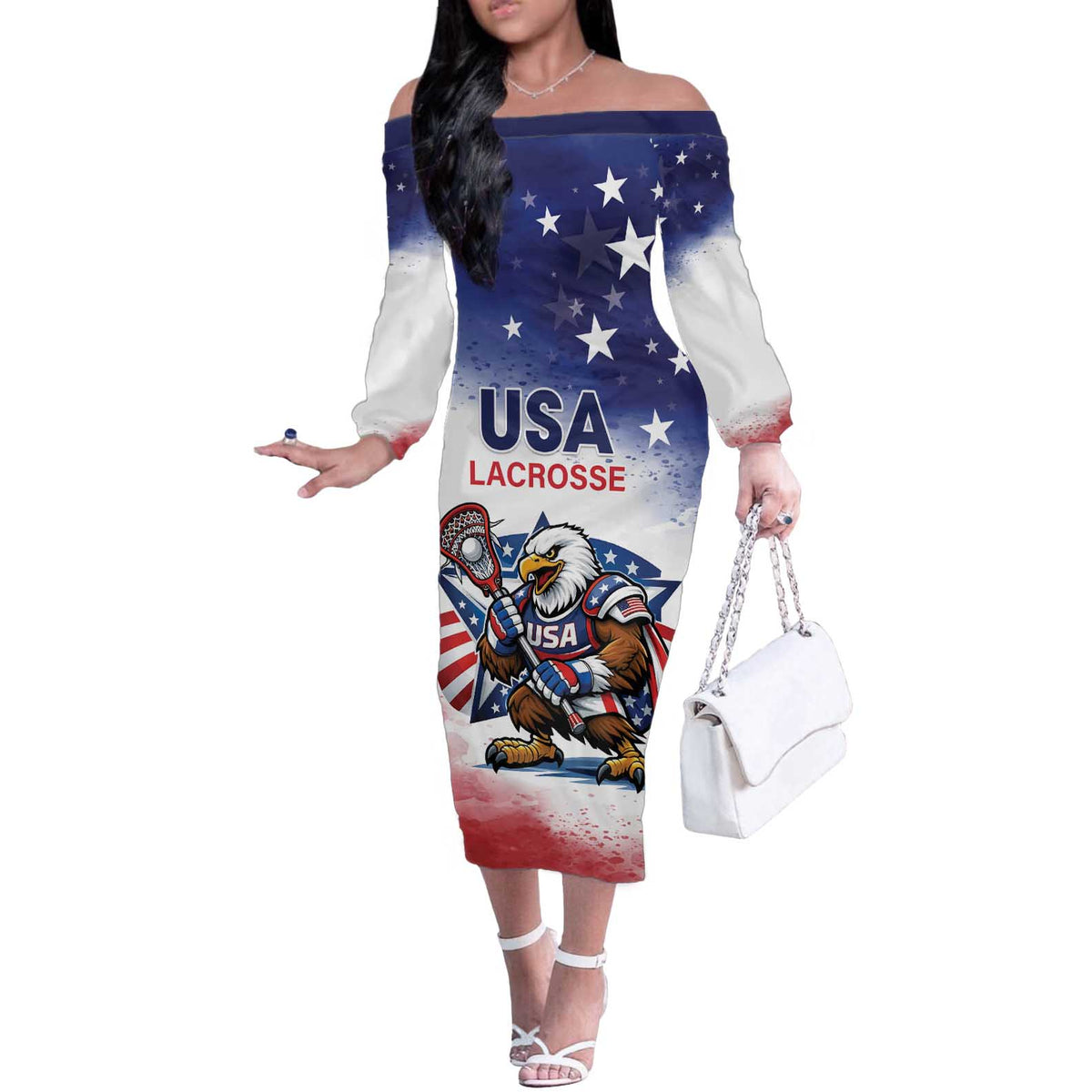 Custom USA Lacrosse Off The Shoulder Long Sleeve Dress American Eagle Mascot