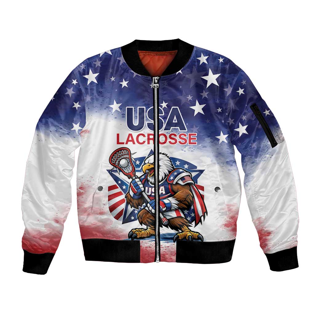 Custom USA Lacrosse Sleeve Zip Bomber Jacket American Eagle Mascot