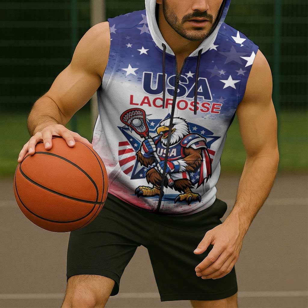 Custom USA Lacrosse Sleeveless Zip Hoodie American Eagle Mascot