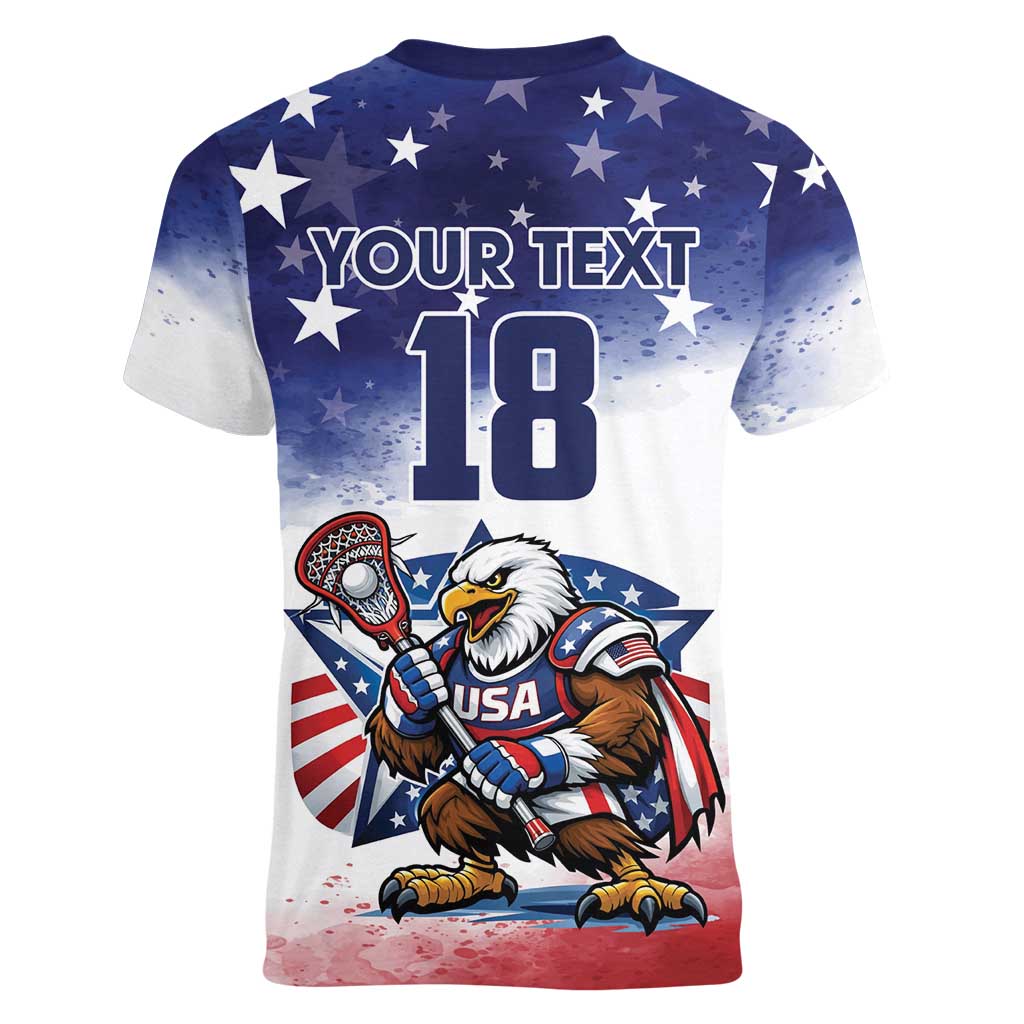 Custom USA Lacrosse Women V-Neck T-Shirt American Eagle Mascot