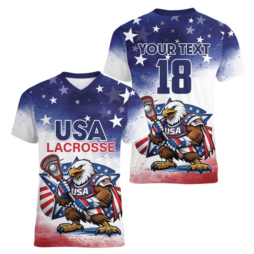 Custom USA Lacrosse Women V-Neck T-Shirt American Eagle Mascot