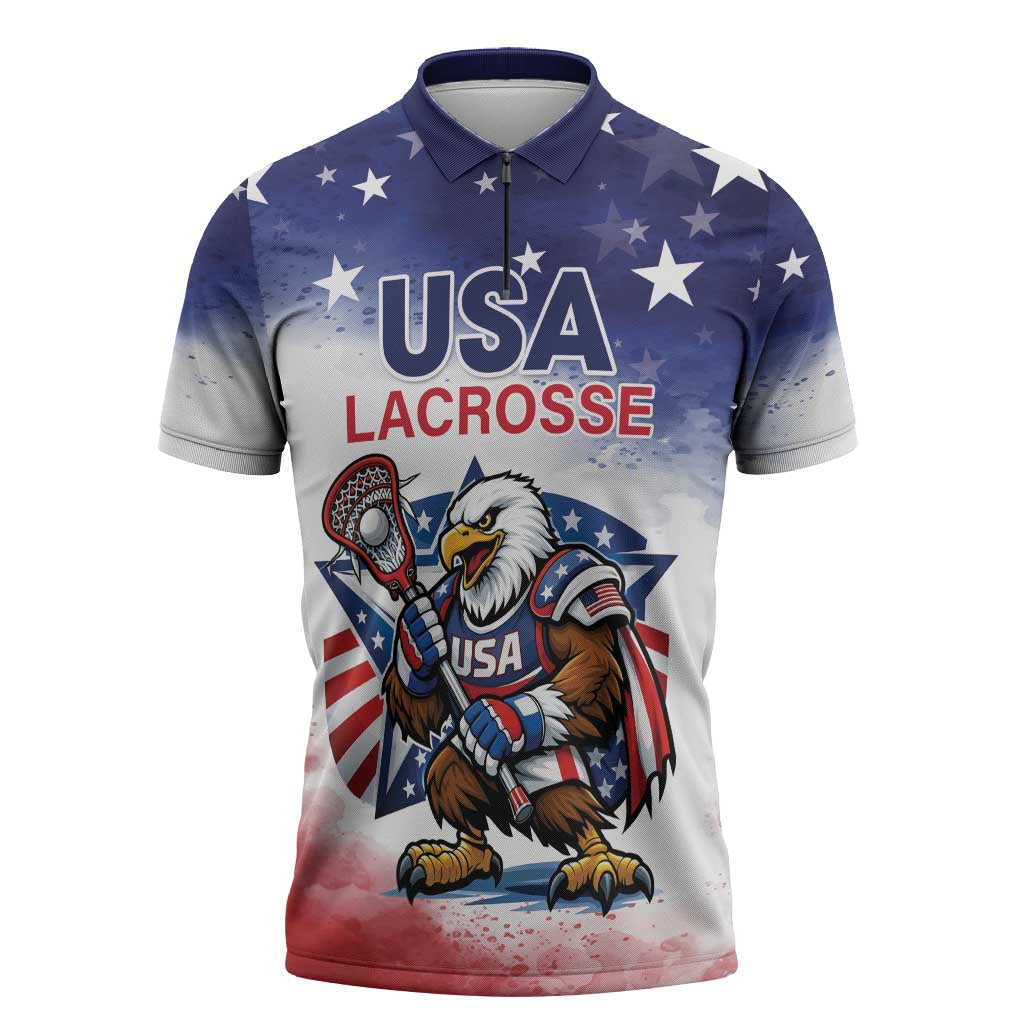 Custom USA Lacrosse Zipper Polo Shirt American Eagle Mascot