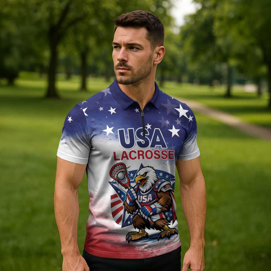 Custom USA Lacrosse Zipper Polo Shirt American Eagle Mascot